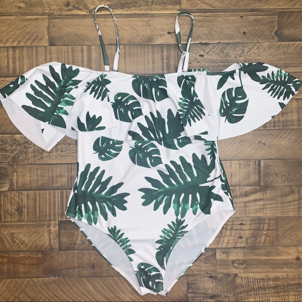 Off the shoulder ruffled one piece swimsuit
